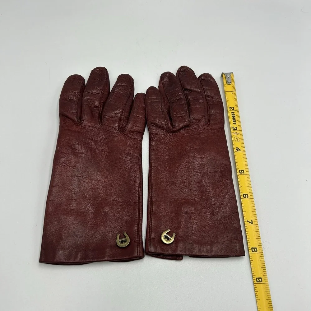 Vintage Etienne Aigner Burgundy Leather Gloves Women Size 7 Italy Horseshoe Logo